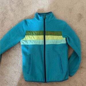 cotopaxi teal blue fleece jacket with green and lime stripes